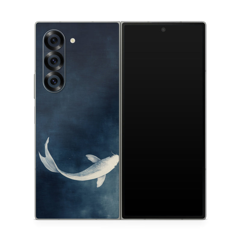 Samsung Galaxy Z Fold6 Skin design of Water, Liquid, Art, Wing, Beak, Feather, Seabird, Electric blue, Fish, Tail, with black, blue, white, gray colors