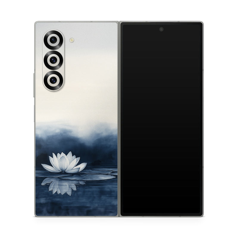Samsung Galaxy Z Fold6 Skin design of Water, Flower, Plant, Liquid, Lotus, Sky, Nature, Petal, Fluid, Sacred lotus, with black, blue, white, gray colors