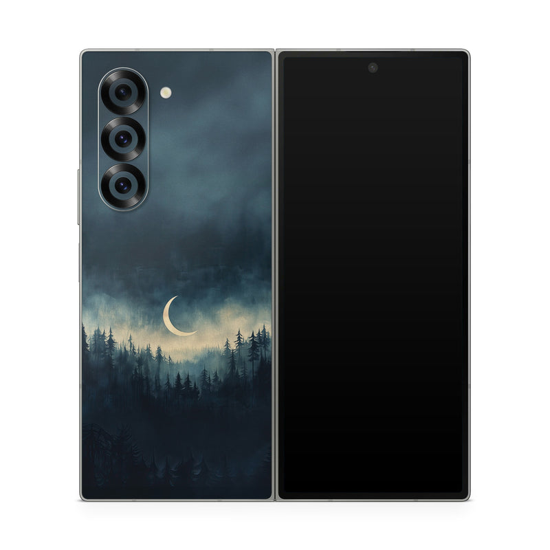 Samsung Galaxy Z Fold6 Skin design of Cloud, Sky, Atmosphere, Moon, Ecoregion, Crescent, Natural landscape, Tree, Plant, Dusk, with black, blue, white, gray colors