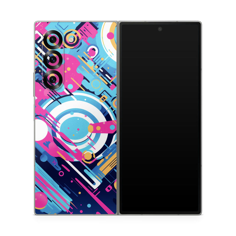 Samsung Galaxy Z Fold6 Skin design of Colorfulness, Font, Line, Material property, Art, Magenta, Pattern, Electric blue, Circle, Graphics, with blue, pink, black, white, orange colors
