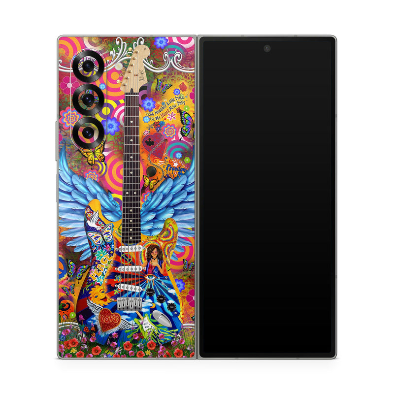 Samsung Galaxy Z Fold6 Skin design of Musical instrument, Guitar, Guitar accessory, Textile, Organism, String instrument, Plucked string instruments, String instrument accessory, Art, Font, with red, yellow, orange, pink, black, white, blue, brown, green colors