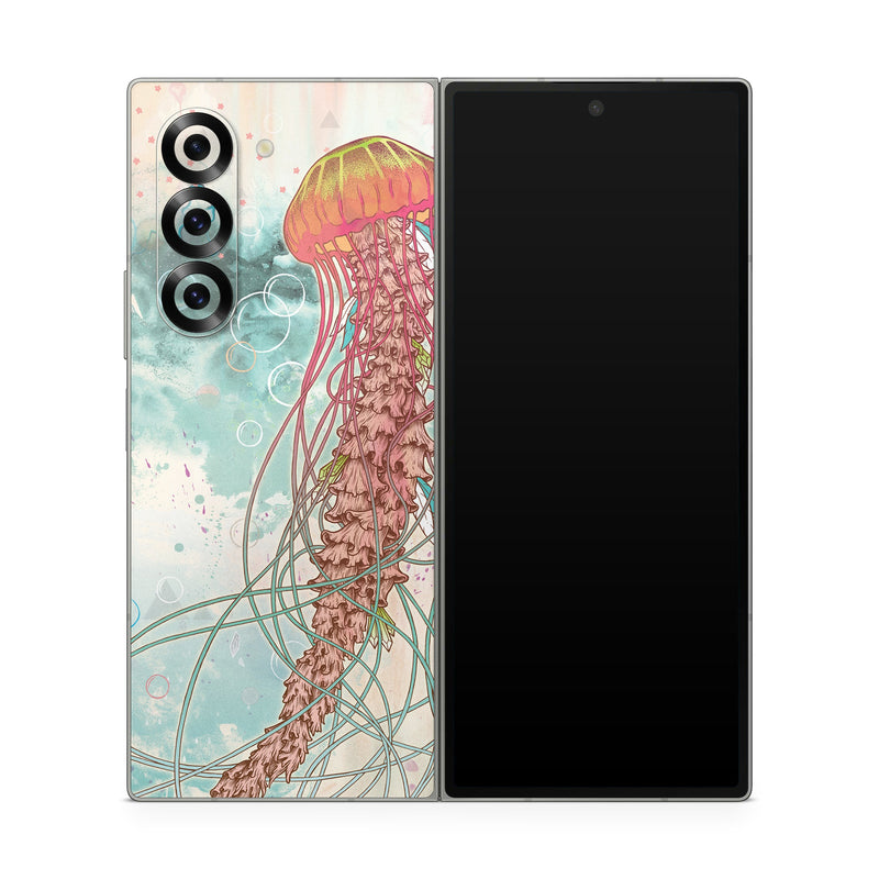 Samsung Galaxy Z Fold6 Skin design of Jellyfish, Illustration, Water, Cnidaria, Marine invertebrates, Organism, Portuguese man o' war, Art, Nepenthes, Invertebrate, with gray, pink, yellow, red, green colors