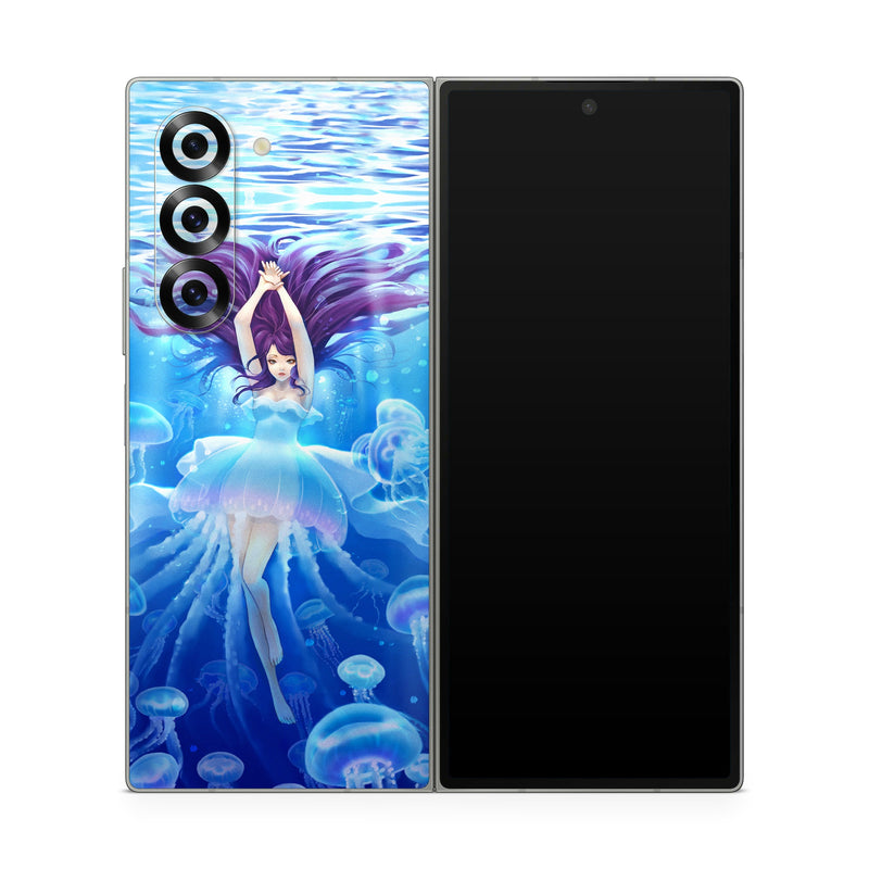 Samsung Galaxy Z Fold6 Skin design of Jellyfish, Cnidaria, Organism, Marine biology, Marine invertebrates, Water, Bioluminescence, Illustration, Electric blue, Fictional character, with blue, purple, gray colors