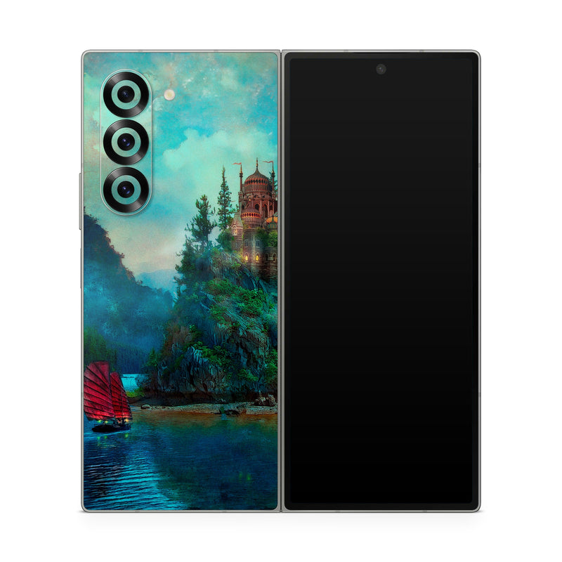 Samsung Galaxy Z Fold6 Skin design of Nature, Natural landscape, Sky, Painting, Landscape, Illustration, Watercolor paint, Art, Calm, Water castle, with black, gray, blue, green colors