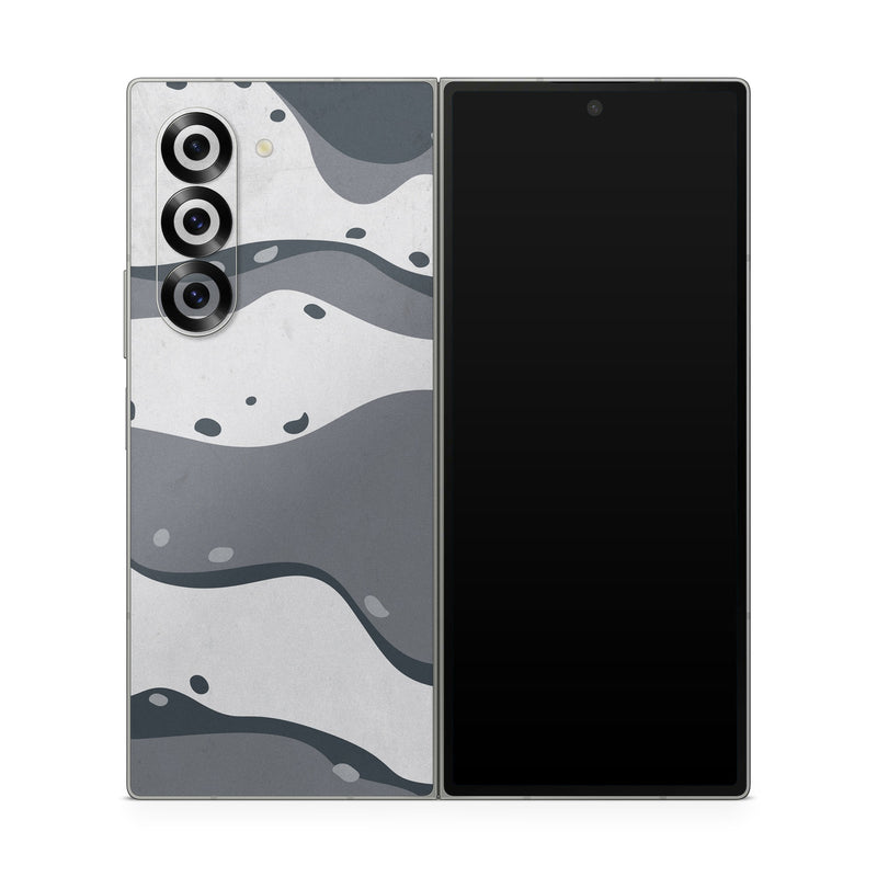 Samsung Galaxy Z Fold6 Skin design of White, Pattern, Water, Design, Illustration, Black-and-white, Metal, Drawing, Style, with black, white, gray colors