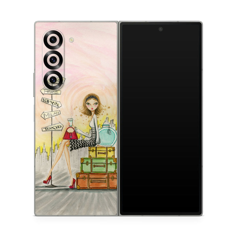 Samsung Galaxy Z Fold6 Skin design of Cartoon, Illustration, Art, Watercolor paint, with gray, pink, green, red, black colors