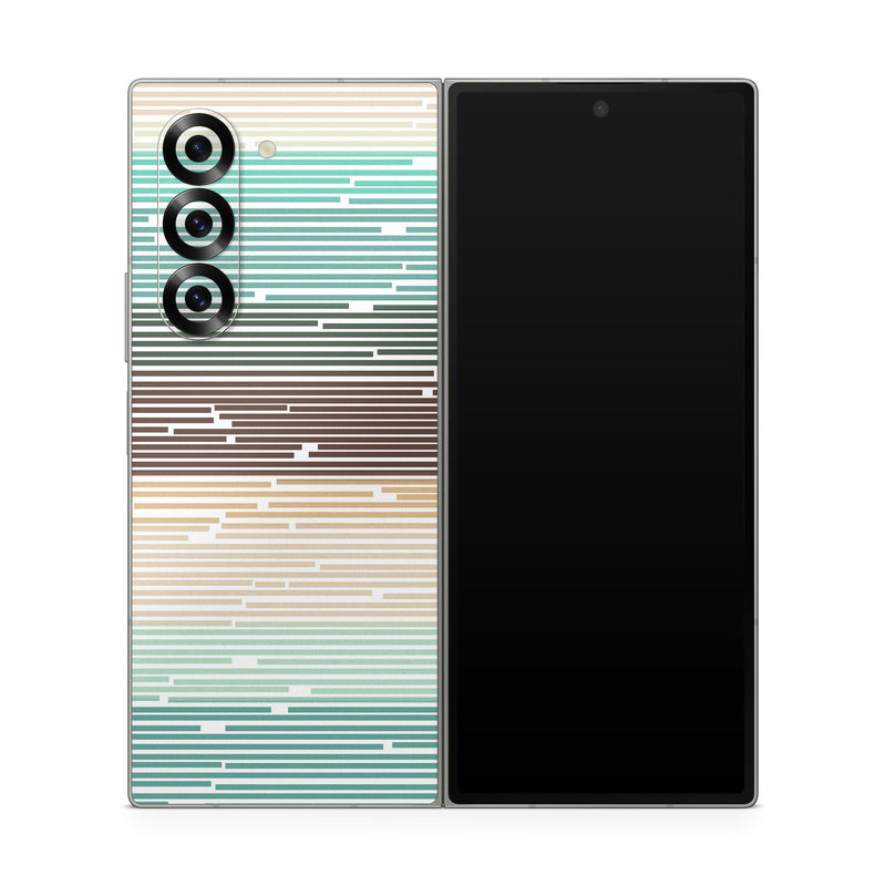 Samsung Galaxy Z Fold6 Skin design of Line, Parallel, Pattern, with blue, brown, yellow, orange colors