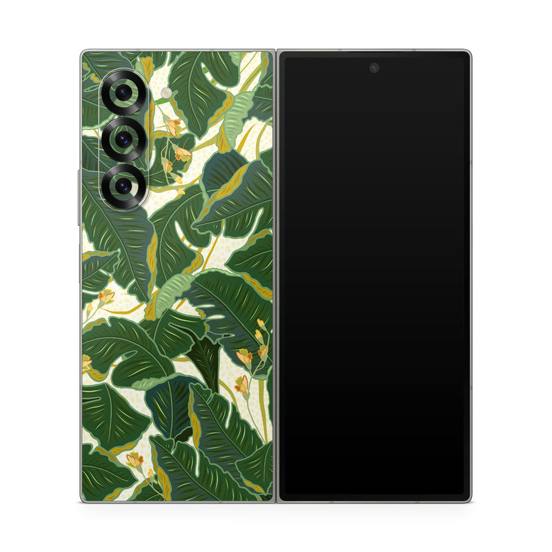 Samsung Galaxy Z Fold6 Skin design of Leaf, Plant, Flower, Pattern, Botany, Tree, Design, Flowering plant, Arrowroot family, Terrestrial plant, with green, yellow colors