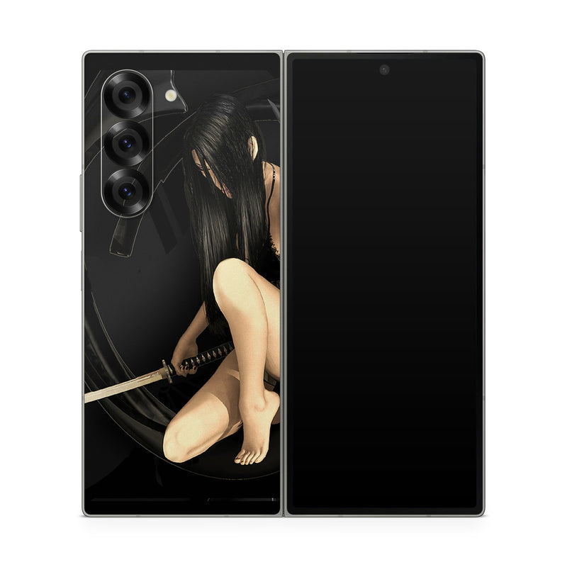 Samsung Galaxy Z Fold6 Skin design of Black, Photography, Leg, Black hair, Cg artwork, Darkness, Fetish model, Sitting, Flash photography, with black, yellow, gray, white colors