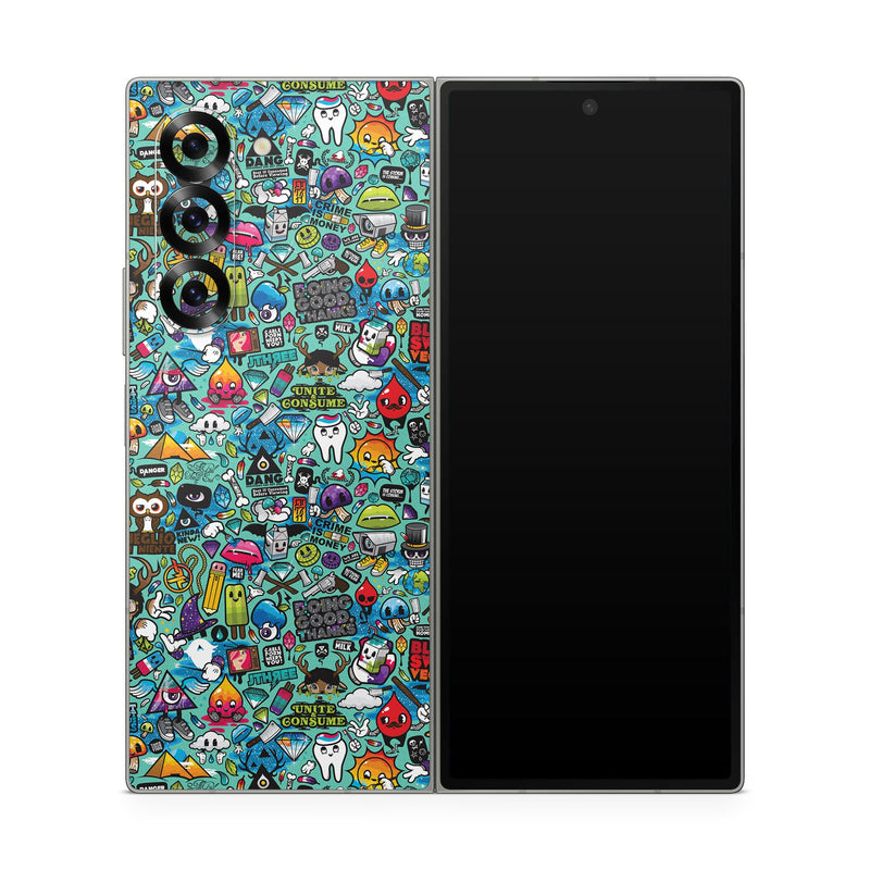 Samsung Galaxy Z Fold6 Skin design of Cartoon, Art, Pattern, Design, Illustration, Visual arts, Doodle, Psychedelic art, with black, blue, gray, red, green colors