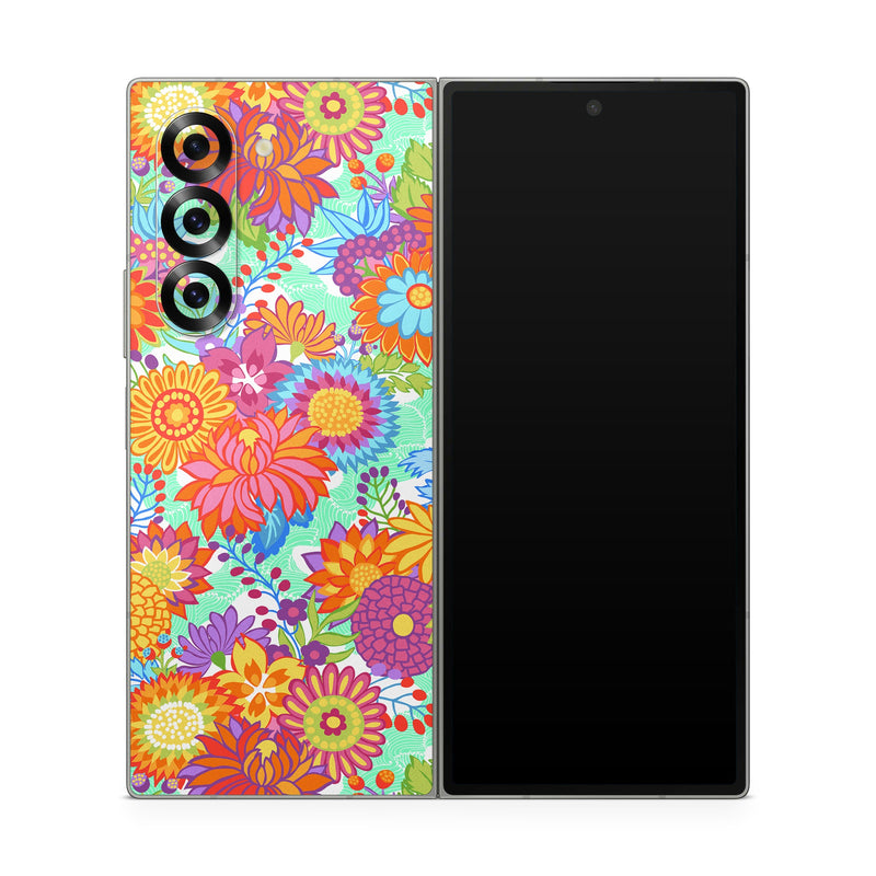Samsung Galaxy Z Fold6 Skin design of Pattern, Floral design, Orange, Flower, Design, Textile, Plant, Wildflower, Wrapping paper, Visual arts, with gray, orange, green, purple colors