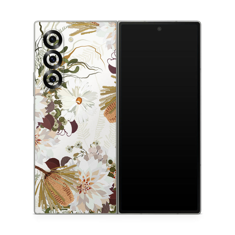 Samsung Galaxy Z Fold6 Skin design of Flower, Botany, Plant, Floral design, Wildflower, Pattern, Wallpaper, Textile, Petal, Butterfly, with white, brown, green, gray colors