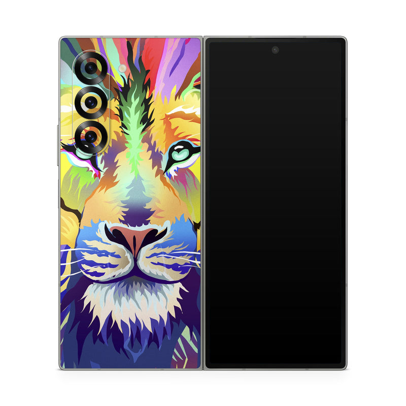 Samsung Galaxy Z Fold6 Skin design of Bengal tiger, Felidae, Lion, Wildlife, Big cats, Tiger, Carnivore, Art, Illustration, Painting, with orange, yellow, green, red, pink, blue, purple colors
