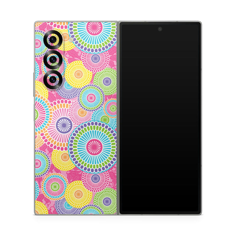 Samsung Galaxy Z Fold6 Skin design of Pattern, Circle, Textile, Design, Visual arts, Wrapping paper, with gray, pink, purple, orange, blue, green colors