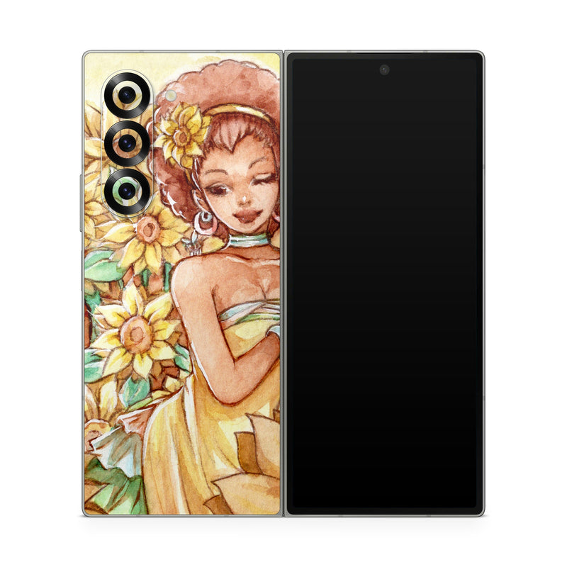 Samsung Galaxy Z Fold6 Skin design of Painting, Illustration, Art, Fictional character, Plant, Flower, Clip art, with yellow, orange, brown, green colors