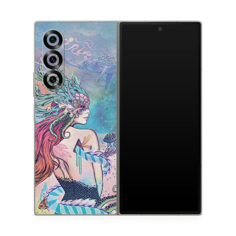 Samsung Galaxy Z Fold6 Skin design of Illustration, Fictional character, Art, Cg artwork, Fiction, Mythology, Painting, Mermaid, with blue, purple, green, red, yellow, pink colors