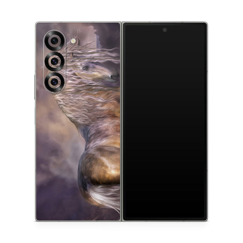 Samsung Galaxy Z Fold6 Skin design of Horse, Mane, Stallion, Mustang horse, Fictional character, Mare, Painting, Wildlife, Mythical creature, with black, gray, red, blue, green colors
