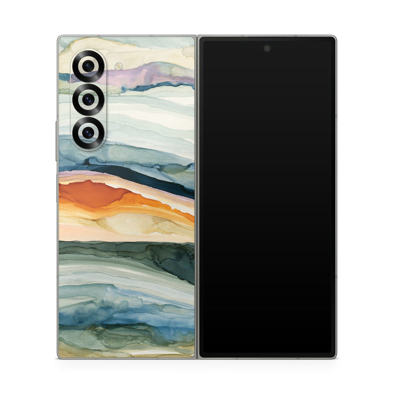 Samsung Galaxy Z Fold6 Skin design of Watercolor paint, Painting, Sky, Wave, Geology, Landscape, Pattern, Acrylic paint, Cloud, Paint, with blue, purple, orange, yellow, red, green, brown colors