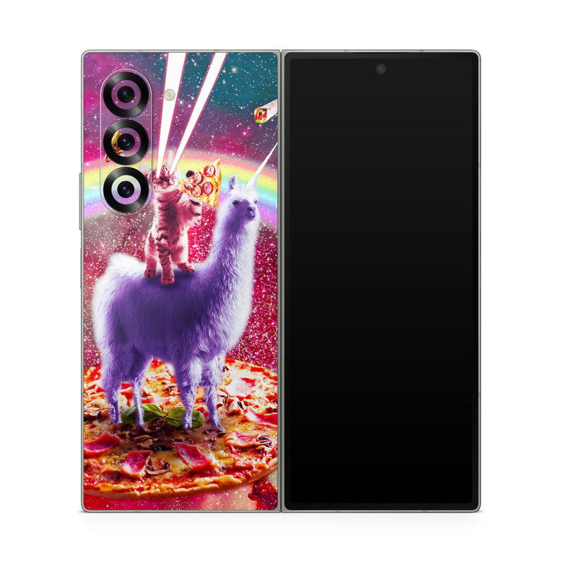 Samsung Galaxy Z Fold6 Skin design of Llama, Unicorn, Fictional character, Illustration, Graphic design, Livestock, Camelid, Mythical creature, Graphics, Art, with red, white, yellow, gray, purple, blue, green colors