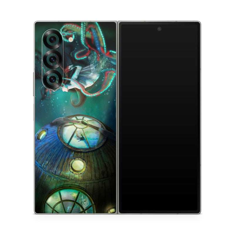 Samsung Galaxy Z Fold6 Skin design of Cg artwork, Illustration, Art, Fictional character, Fiction, Space, Fractal art, Graphic design, Mythology, Graphics, with black, gray, blue, green colors