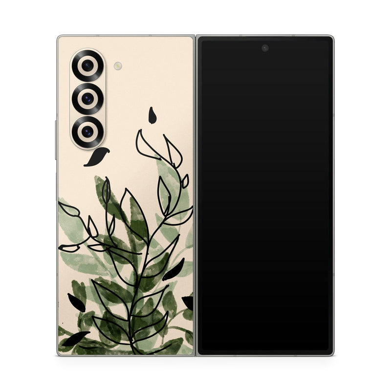 Samsung Galaxy Z Fold6 Skin design of Leaf, Plant, Botany, Branch, Flower, Plant Stem, Pedicel, Twig, Illustration, with green, black, brown colors