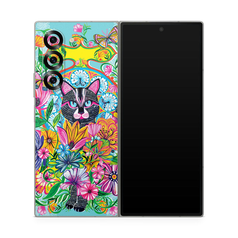 Samsung Galaxy Z Fold6 Skin design of Visual arts, Art, Plant, Illustration, Pattern, Floral design, Flower, Wildflower, with white, blue, pink, black, green, yellow colors