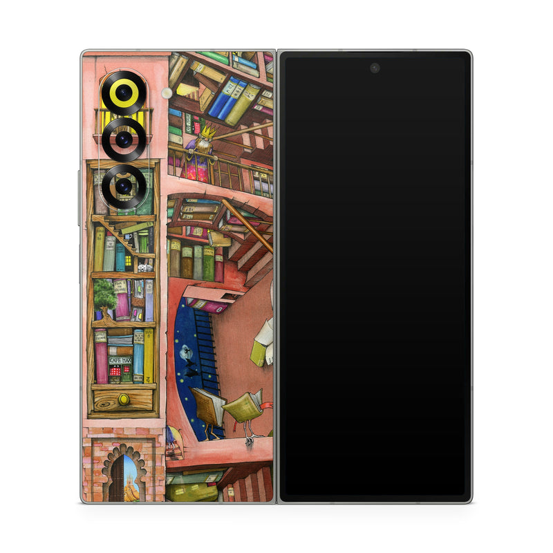 Samsung Galaxy Z Fold6 Skin design of Cartoon, Building, Art, Architecture, Design, Fun, Retail, Illustration, Neighbourhood, Room, with pink, yellow, blue, red, orange, brown colors