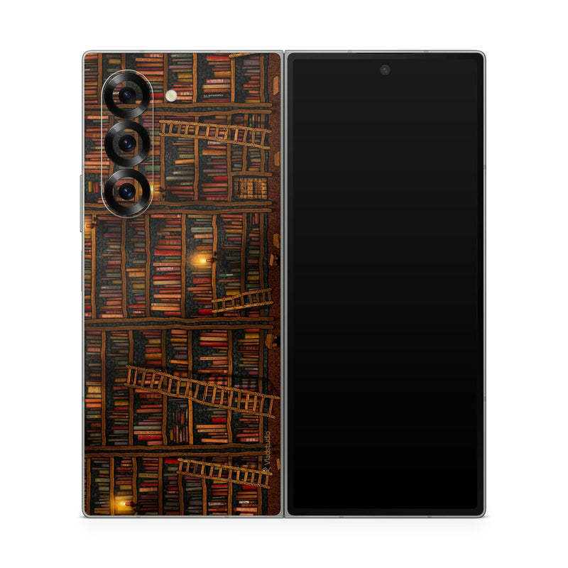 Samsung Galaxy Z Fold6 Skin design of Shelving, Library, Bookcase, Shelf, Furniture, Book, Building, Publication, Room, Darkness, with black, red colors