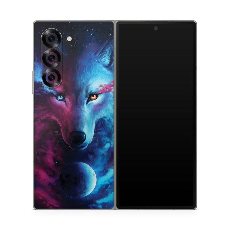 Samsung Galaxy Z Fold6 Skin design of Dog, Carnivore, Organism, Iris, Painting, Art, Whiskers, Cg artwork, Electric blue, Space, with black, blue, purple, red colors