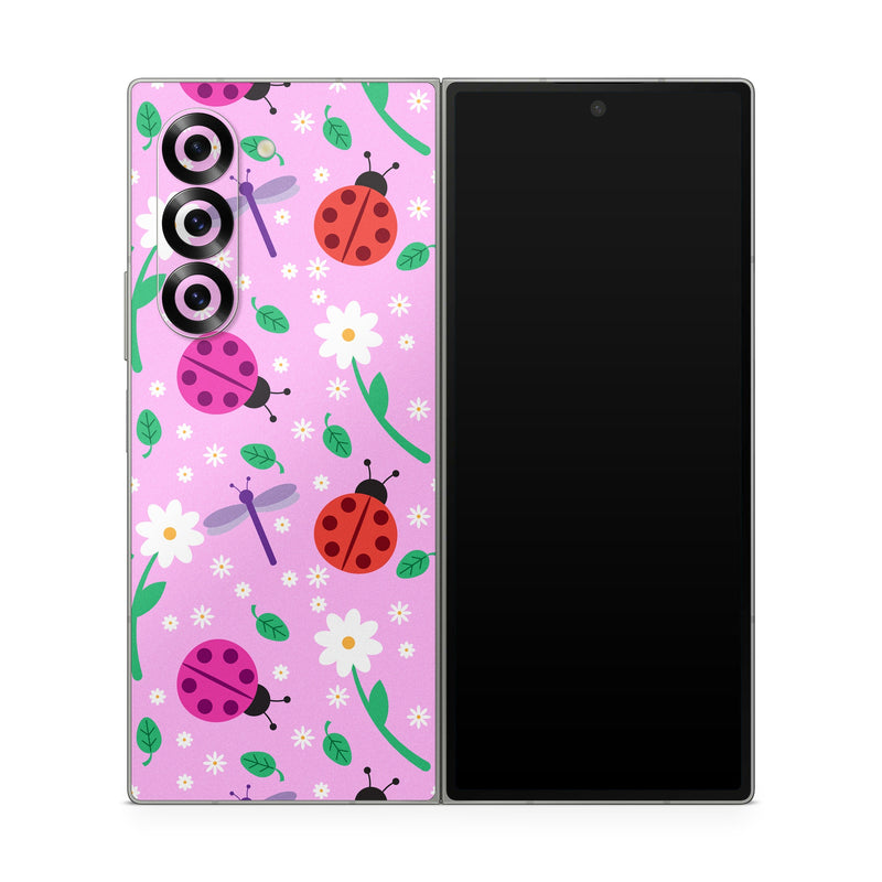 Samsung Galaxy Z Fold6 Skin design of Pink, Pattern, Design, Magenta, Clip art, Plant, Visual arts, Ladybug, Child art, Illustration, with pink, white, purple, gray, red, blue colors