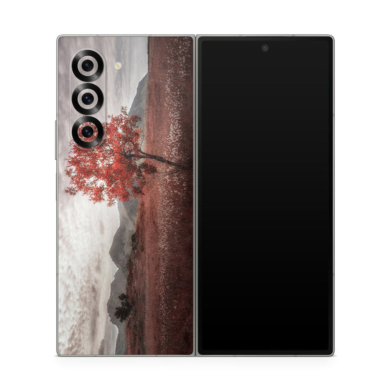 Samsung Galaxy Z Fold6 Skin design of Natural landscape, Nature, Tree, Sky, Red, Natural environment, Atmospheric phenomenon, Leaf, Cloud, Woody plant, with black, gray, red colors