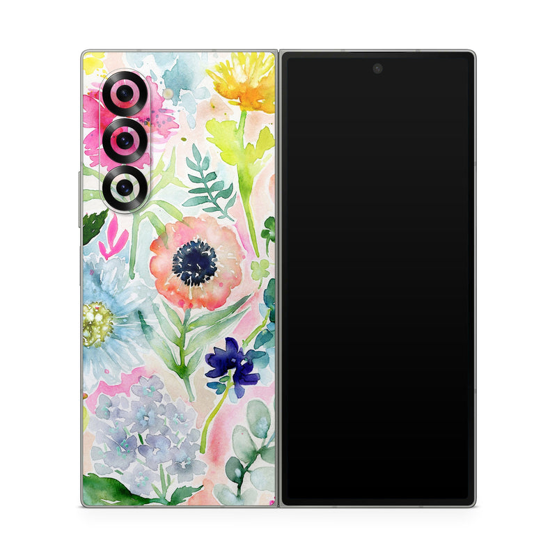 Samsung Galaxy Z Fold6 Skin design of Flower, Watercolor paint, Plant, Flowering plant, Pattern, Floral design, Botany, Petal, Wildflower, Design, with green, pink, yellow, orange, blue, red, purple colors