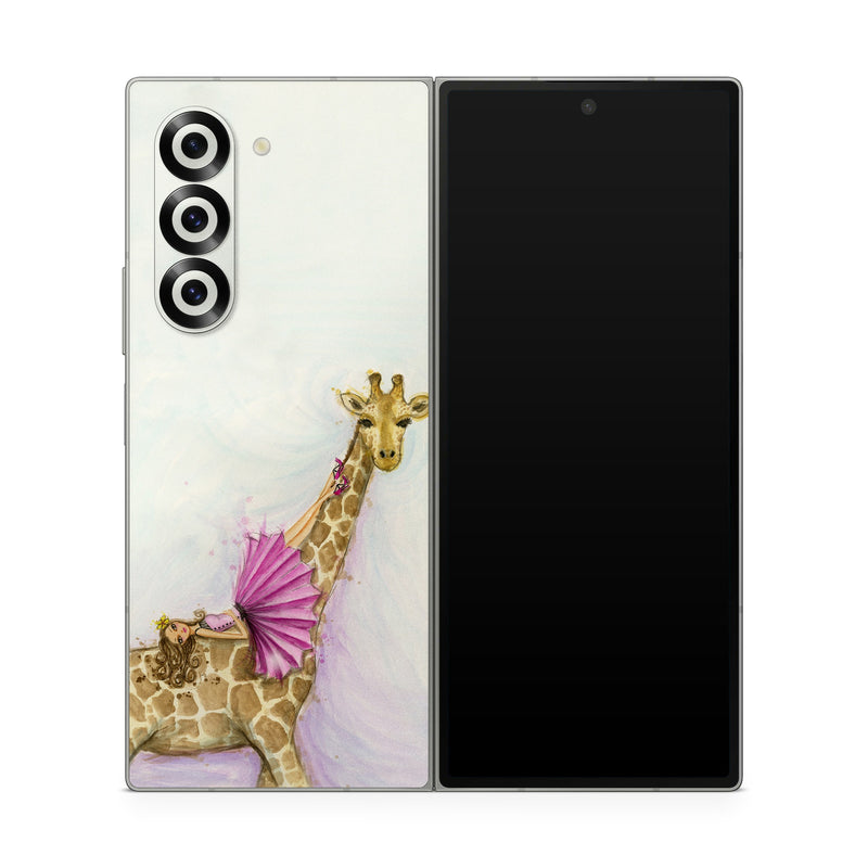Samsung Galaxy Z Fold6 Skin design of Giraffe, Giraffidae, Terrestrial animal, Pink, Wildlife, Snout, Fawn, Illustration, Watercolor paint, Magenta, with blue, brown, orange, pink colors