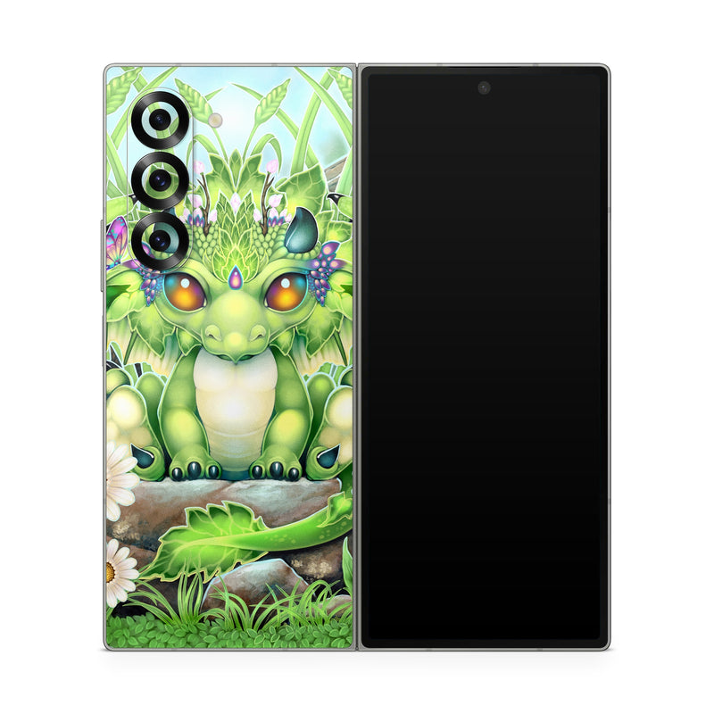 Samsung Galaxy Z Fold6 Skin design of Plant, Green, Leaf, Natural environment, Flower, Terrestrial plant, Grass, Creative arts, People in nature, Art, with green, white, yellow, brown, blue colors