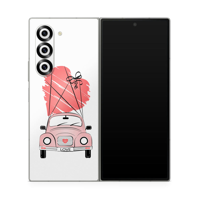 Samsung Galaxy Z Fold6 Skin design of Land vehicle, Wheel, Vehicle, Tire, Hood, Automotive lighting, Car, Motor vehicle, Kit car, Cartoon, with white, pink, black, red colors