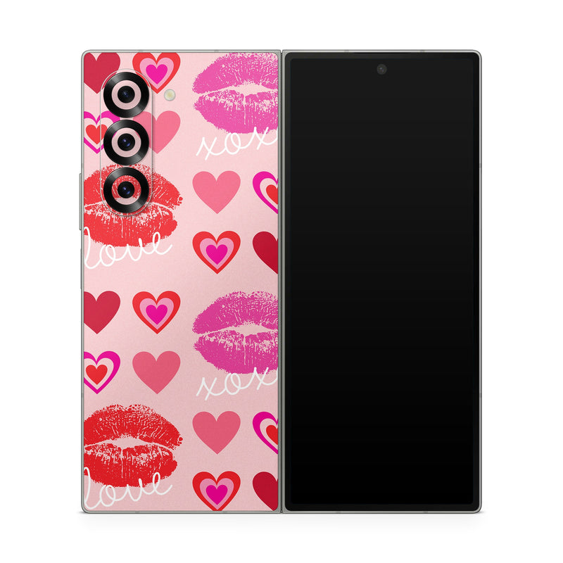 Samsung Galaxy Z Fold6 Skin design of Organ, Pink, Red, Font, Material property, Magenta, Heart, Pattern, Happy, Love, with pink, red, white colors