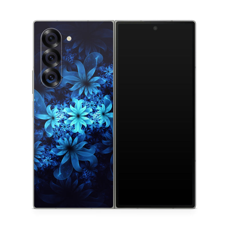 Samsung Galaxy Z Fold6 Skin design of Nature, Blue, Petal, Organism, Darkness, Flower, Colorfulness, Electric Blue, Majorelle Blue, Pattern, Botany, Still Life Photography, Space, Aquatic Plant, Fractal Art, Visual Arts, Illustration, Symmetry, Midnight, Wildflower, Painting, Still Life, with black, blue, white colors
