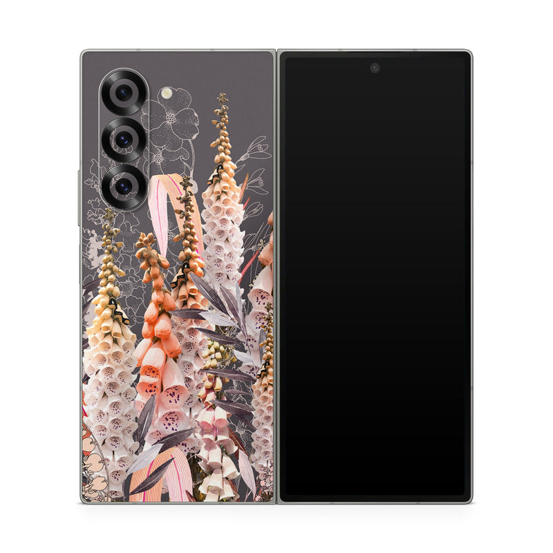 Samsung Galaxy Z Fold6 Skin design of Flower, Plant, Foxtail lily, Botany, Plant stem, Illustration, Broomrape, with brown, pink, white, yellow, orange colors