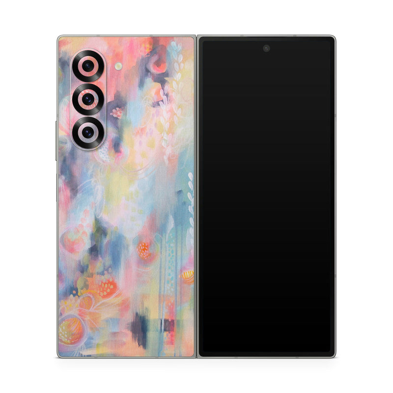 Samsung Galaxy Z Fold6 Skin design of Painting, Watercolor paint, Modern art, Acrylic paint, Art, Visual arts, Paint, Artwork, Dye, with blue, pink, orange, yellow, red, white colors