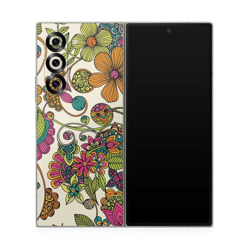 Samsung Galaxy Z Fold6 Skin design of Pattern, Floral design, Motif, Design, Visual arts, Botany, Pedicel, Flower, Plant, Textile, with green, pink, orange, blue colors