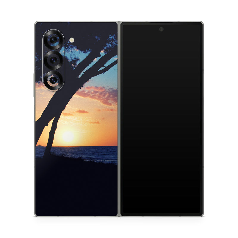 Samsung Galaxy Z Fold6 Skin design of Sky, Horizon, Nature, Tree, Sunset, Sunrise, Ocean, Sea, Natural landscape, Afterglow, with black, gray, blue, green, red, pink colors