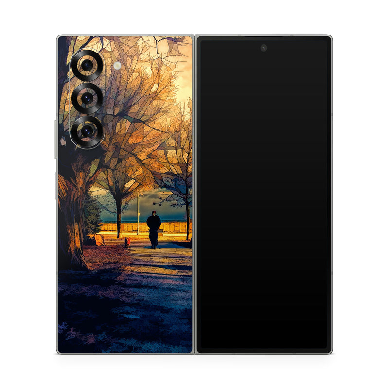 Samsung Galaxy Z Fold6 Skin design of Sky, Nature, Natural landscape, Tree, Cloud, Sunset, Evening, Morning, Sunrise, Horizon, with black, brown, yellow, orange, blue colors