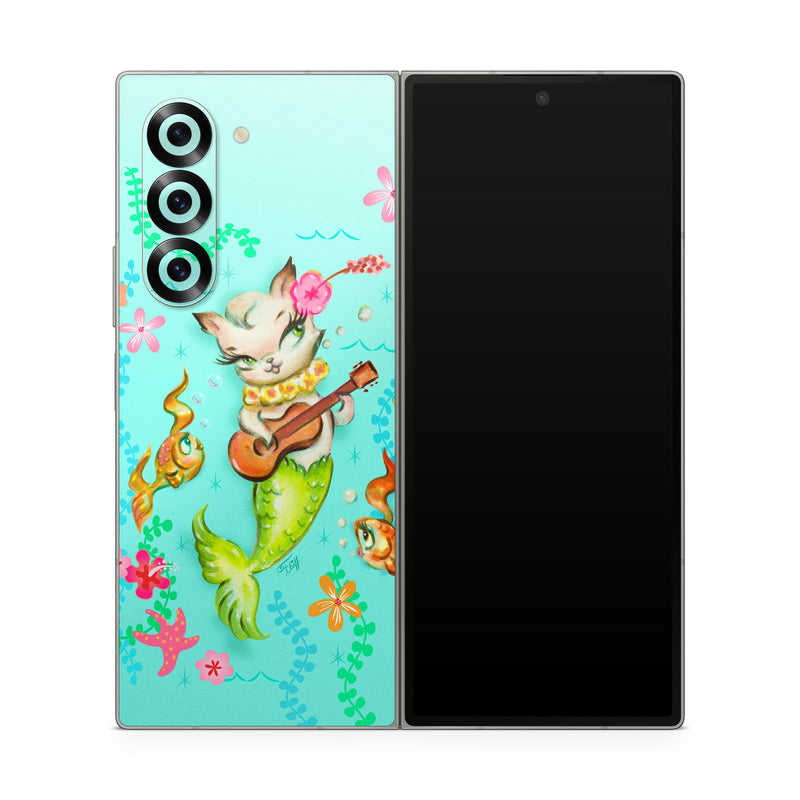 Samsung Galaxy Z Fold6 Skin design of Fictional character, Illustration, Mermaid, Mythical creature, Clip art, Art, with blue, green, pink, yellow, orange, white, gray, brown colors