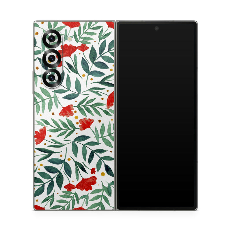 Samsung Galaxy Z Fold6 Skin design of Flower, Plant, Textile, Line, Petal, Pattern, Flowering plant, Pedicel, Creative arts, Rectangle, with red, green, orange, white colors