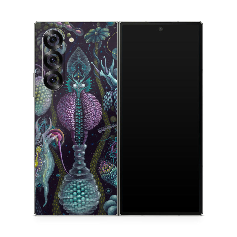 Samsung Galaxy Z Fold6 Skin design of Organism, Pattern, Art, Illustration, Fractal art, Psychedelic art, Design, Visual arts, Plant, Modern art, with black, green, purple, pink, yellow, blue colors