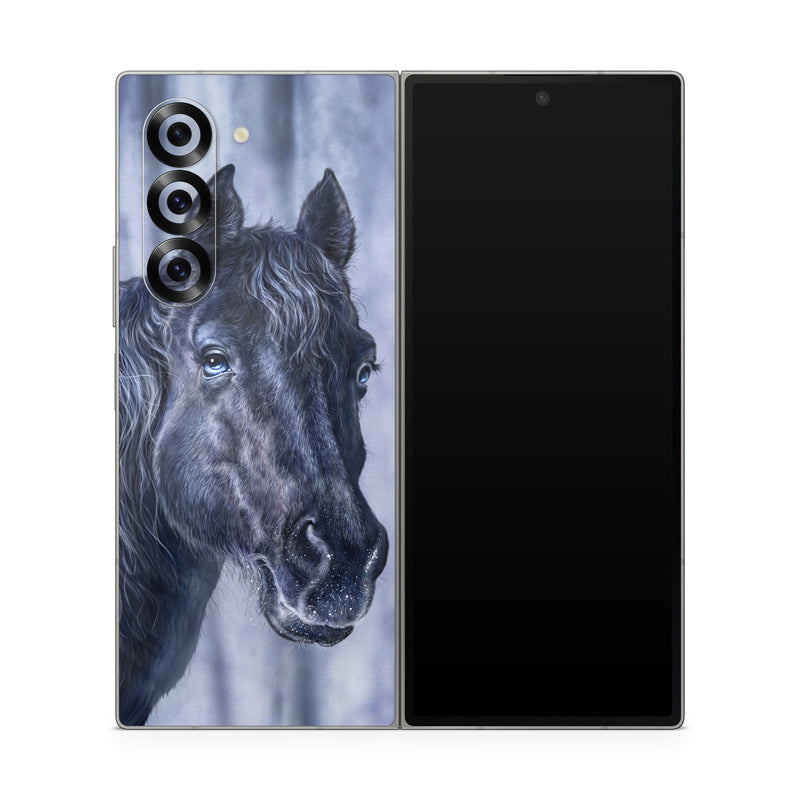Samsung Galaxy Z Fold6 Skin design of Horse, Mammal, Vertebrate, Hair, Mane, Stallion, Snout, Mare, Mustang horse, Livestock, with black, white, blue colors