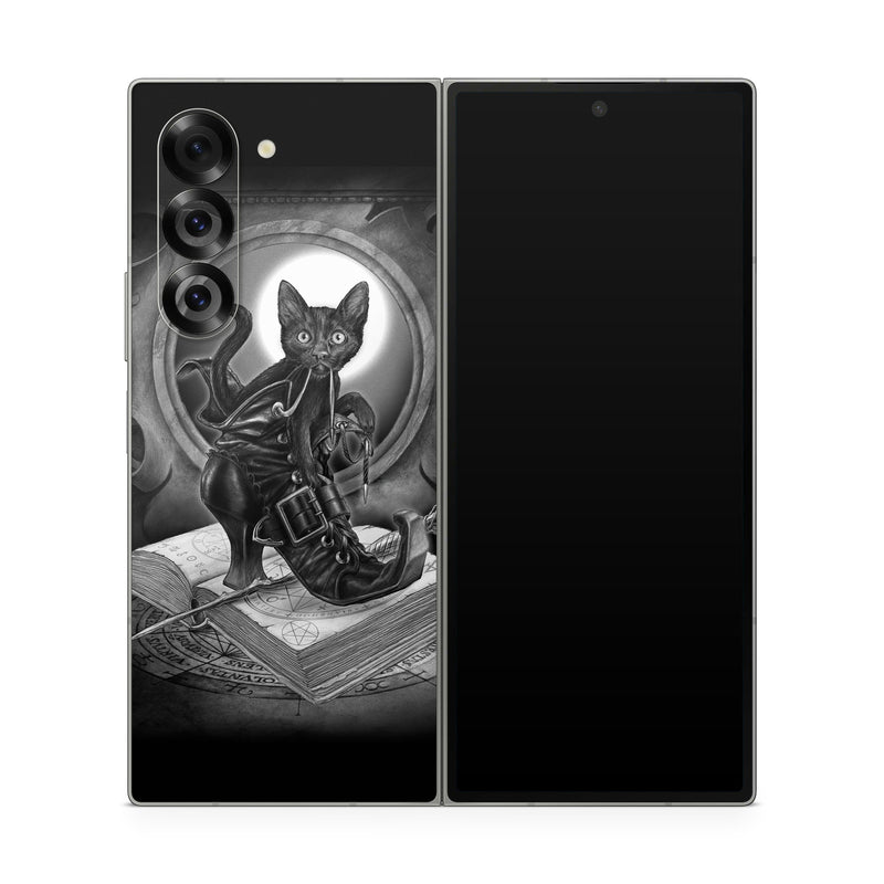 Samsung Galaxy Z Fold6 Skin design of Cat, Boot, Book, Wand, Shoelace, Mirror, with black, white, gray colors