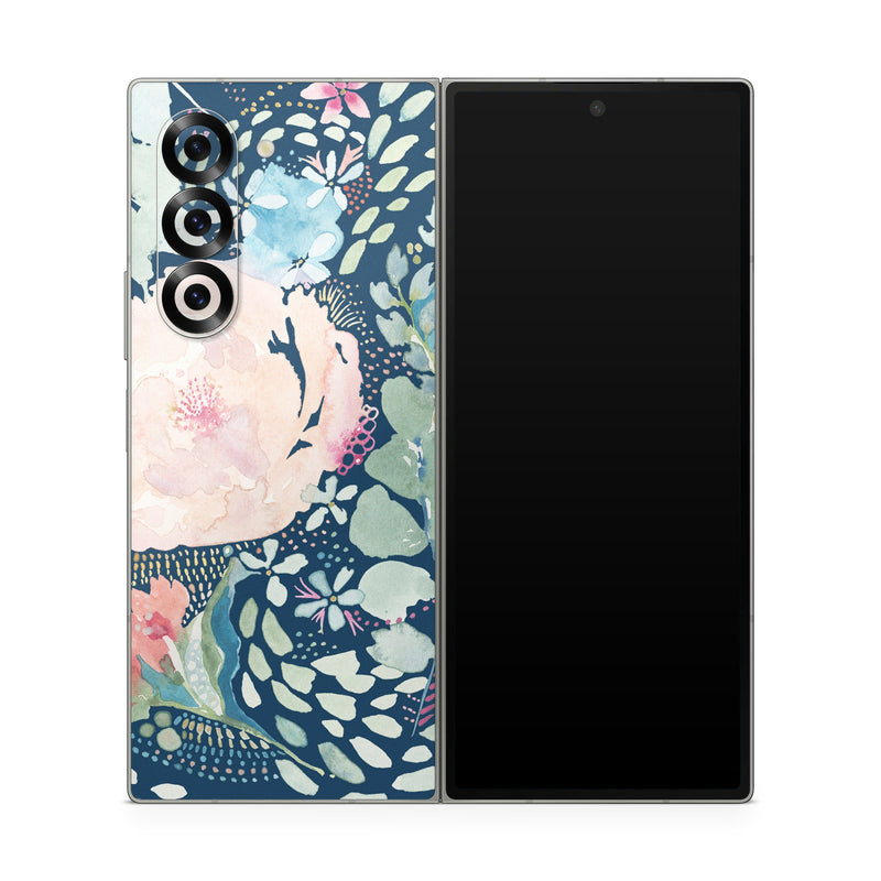 Samsung Galaxy Z Fold6 Skin design of Flower, Plant, Petal, Botany, Textile, Sleeve, Creative arts, Art, Painting, Aqua, with blue, pink, green, white, orange, yellow, red colors