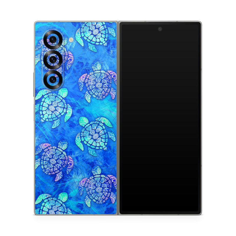 Samsung Galaxy Z Fold6 Skin design of Blue, Pattern, Organism, Design, Sea turtle, Plant, Electric blue, Hydrangea, Flower, Symmetry, with blue, green, purple colors