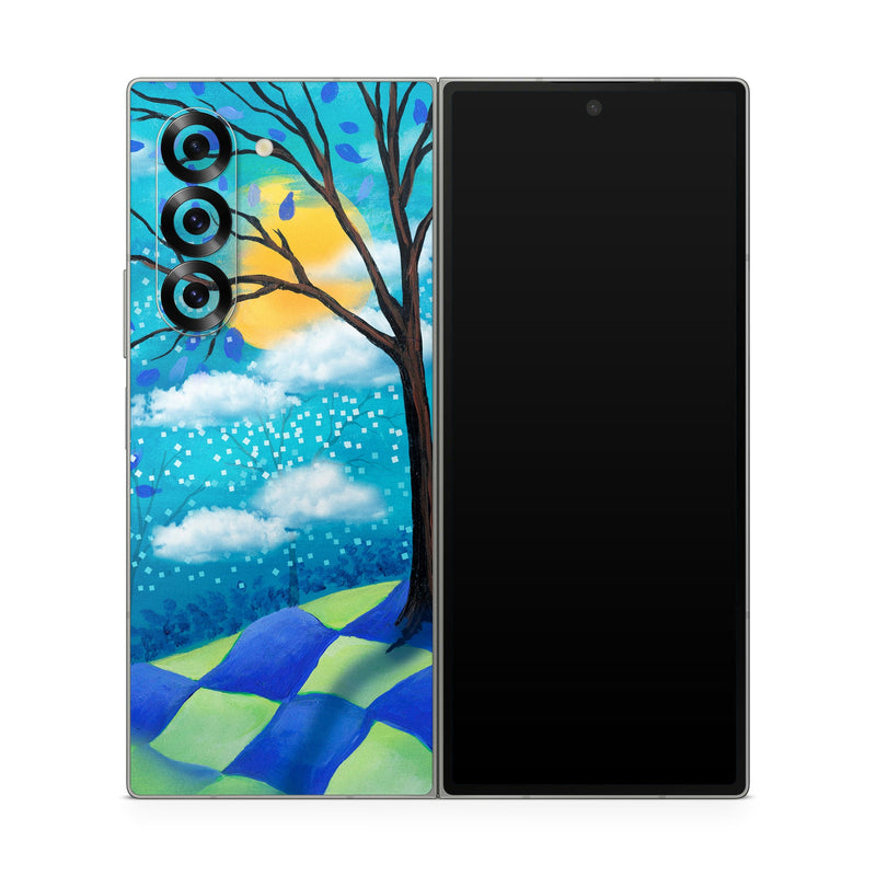 Samsung Galaxy Z Fold6 Skin design of Natural landscape, Nature, Blue, Tree, Sky, Branch, Spring, Woody plant, Plant, Leaf, with blue, gray, black, purple, green colors